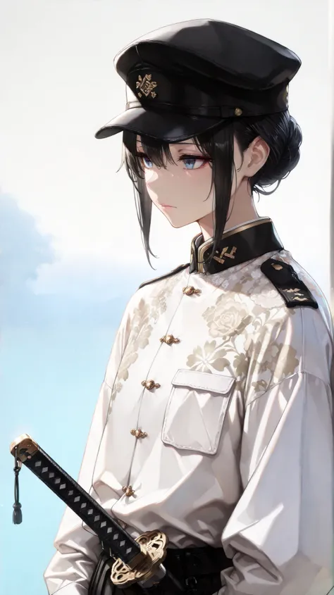  (masterpiece, Highest Quality, High Definition: 1.2),  male, Alone,(masterpiece, Highest Quality, Highest Quality:1.2), Highly detailed,most detailed ((Super Detailed)), (Highly detailedCGイラスト), ((very delicate))、floral crochet uniform、 Japanese sword、 Si...