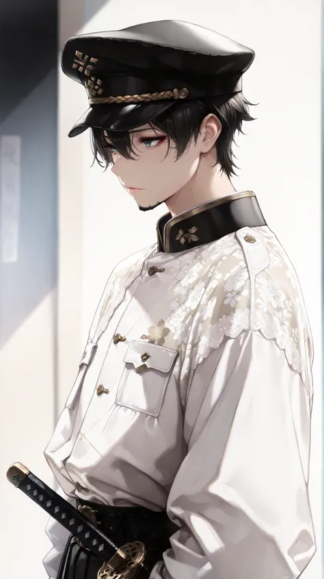  (masterpiece, Highest Quality, High Definition: 1.2),  male, Alone,(masterpiece, Highest Quality, Highest Quality:1.2), Highly detailed,most detailed ((Super Detailed)), (Highly detailedCGイラスト), ((very delicate))、floral crochet uniform、 Japanese sword、 Si...
