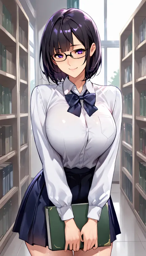 Modern Backgrounds,A female with slim body(older girl),Purple eyes,Wearing Glasses,medium oppai,shiny skin,(Wearing A loose JK skirt),(White school uniform),In The School Library,(Black short hair, blunt bangs),Holding a book,light smile,slightly tilted fo...