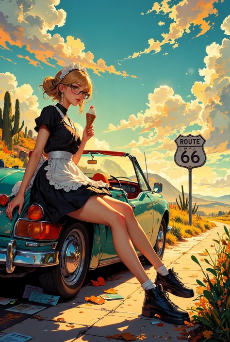 low-angle full body view, a blonde woman with glasses and a low ponytail, wearing a black and white classic French maid outfit with a frilly apron, sitting sideways on the sunlit pavement next to a retro American convertible car, holding a soft-serve ice c...