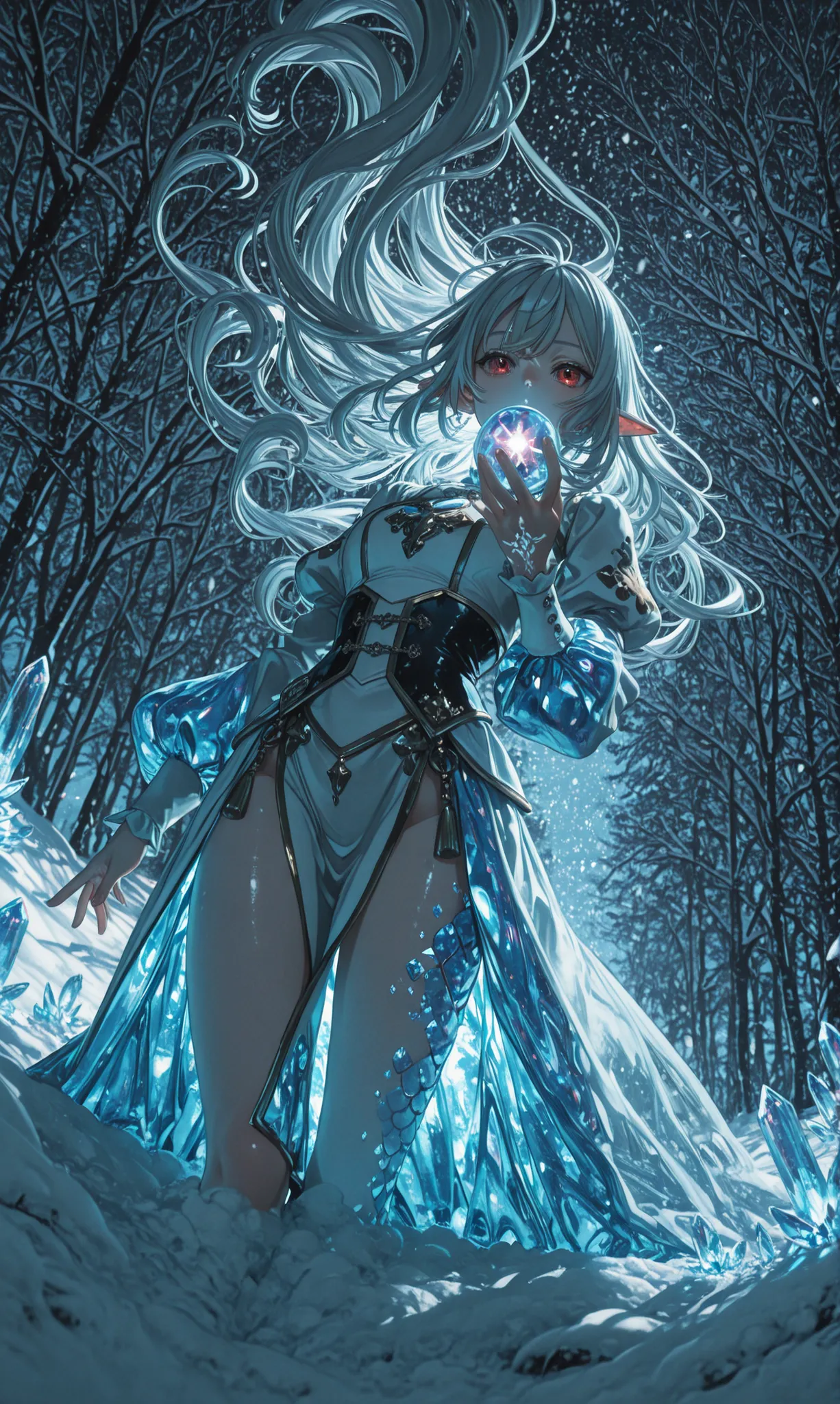 surrealistic anime 3D art image of an high priest elf lie down on a pearl clamp,with shiny, silver hair , iridescent red eyes, dark, royal regalia outfit,flowing hair,hold a luminescent magic orb, ivory bare skin,mantra tattoo all over the body,body line, ...