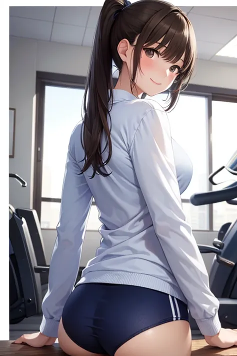 (beautiful girl : 1.3),1 girl,(white gym clothes,long sleeve,take off  dark blue buruma,pink lingerie, pubic hair), dark haired,ponytail,Smile Yan ,blush,sitting on the floor holding my knees,  dark,sporting goods store,dynamic angle,back,masterpiece,Highest Quality,rich contrast,high definition,8k,high definition CG Unit Wallpaper,Textures,unbelievably absurd,RAW images,deep border 1  .2,very detailed ，..、，、, 


,( masterpiece, best quality, high resolution, ultra high resolution, pixel perfect, depth of field, 4K, RTTX10.0),
、Anegasaki Nene, shiny brown hair, beautiful brown eyes, smiling face, sparkling pupils, (fine grain), , highly detailed face,, (masterpiece:1.2, best quality), ((only1 girl)), ((cowboy shot))