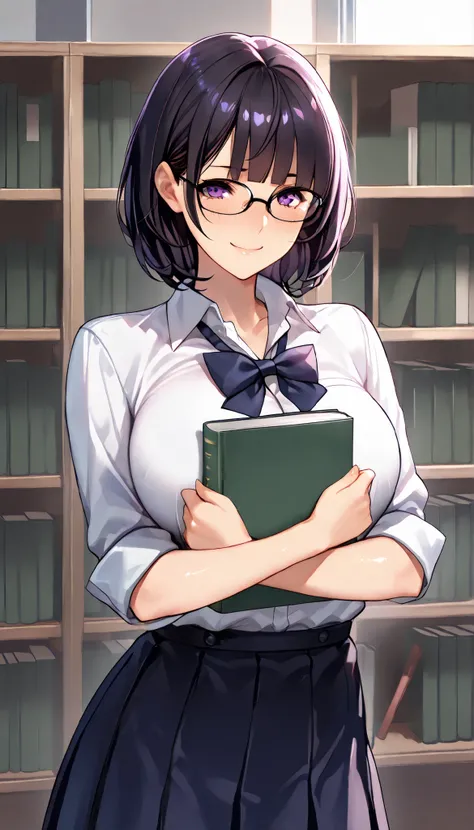 Modern Backgrounds,A female with slim body(older girl),Purple eyes,Wearing Glasses,medium oppai,shiny skin,(Wearing A loose JK skirt),(White school uniform),In The School Library,(Black short hair, blunt bangs),Holding a book in arms,light smile,slightly t...