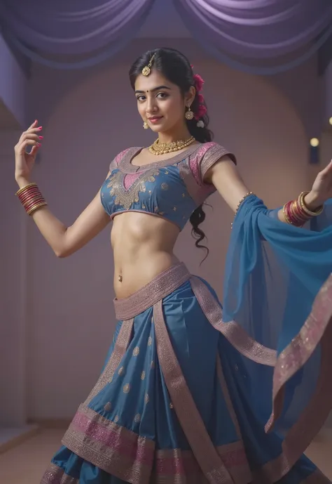 Create an image of a person performing a Bharatanatyam classical dance gesture, dressed in a vibrant blue traditional Indian lehenga choli with intricate embroidery and a matching dupatta draped over one shoulder, featuring deep cleavage, a deep navel hole...