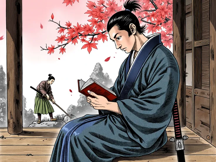 Highlight Musashi Miyamoto seated on a wooden porch, reading a small book bound in traditional style with calm concentration. Manga-style realistic composition, using Chinese ink for outlines and watercolor for the background. He overlooks a Zen rock garde...