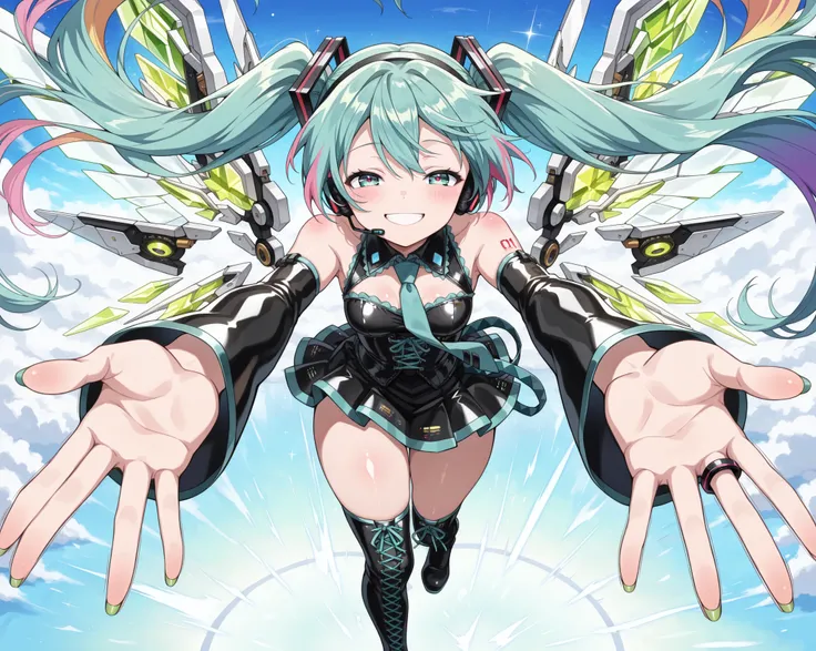 (1girl),((solo1:9)),((best quality,masterpiece,ultra detailed,absurdres1:9)),((Full-HD)),((anime coloring)),((cute face)),((high-quality face)),(Vocaloid,Hatsune Miku, Emerald Green Long Hair,Green Nails,Clear Blue Eyes),((five fingers1:5))+,(beautiful fin...