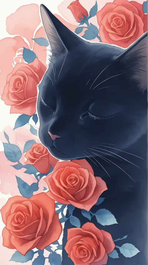 perfect anatomy, watercolor, simple composition, Black Cat, Expressionless cat:0.5, close your eyes, portrait, flat-colors, gentle red rose background、one-sided rose flower background、simple pastel color