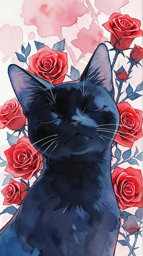 perfect anatomy, watercolor, simple composition, Black Cat, Expressionless cat:0.5, close your eyes, portrait, flat-colors, gentle red rose background、one-sided rose flower background、simple pastel color