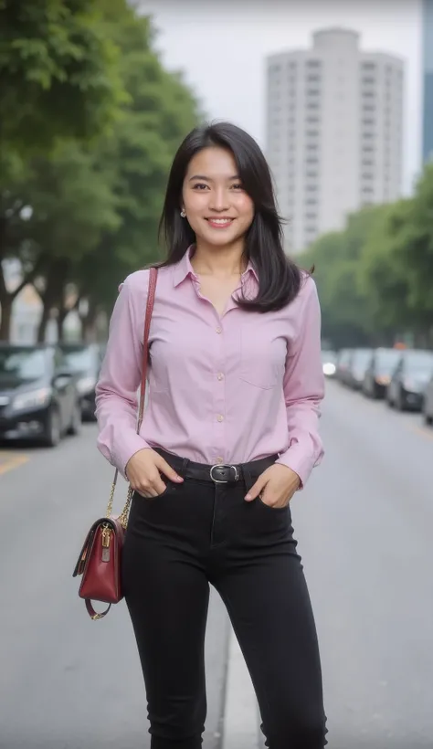 25 years old, a beautiful girl, an indonesian descent, an actress, colour shirt, black skinny jeans, with heels and bag, black wavy hair, smile, standing, beauty, photorealistic, city, likely, loveable, 8k, perspective, ultra HD, ultrarealistic