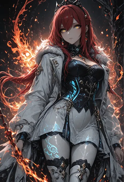 1 girl , golden eyes , very long hair , long sidelocks, red hair ,half updo, petite , very cute , beautiful ,Straight hair, cool, handsome, hair between eyes, sexy, medium breasts,  Genshin Impact style, iridescent, like fire, pale translucent skin, faintl...