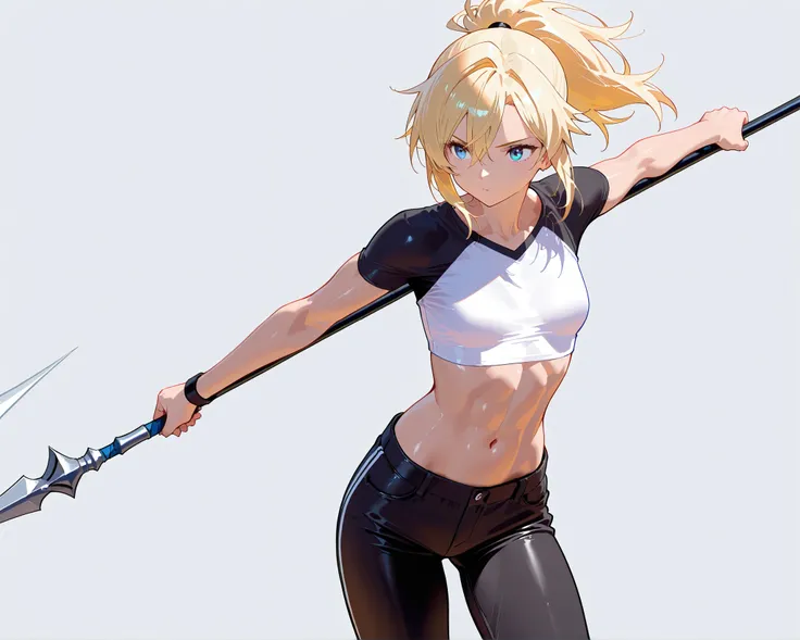 masterpiece,Highest Quality,Super Detailed、high definition、8k Quality、toned body、spear、ponytail、Blonde、Combat Style、simple background、Stylish shirt、long pants、Feeling Fast、Dynamic、throwing、Adventurer