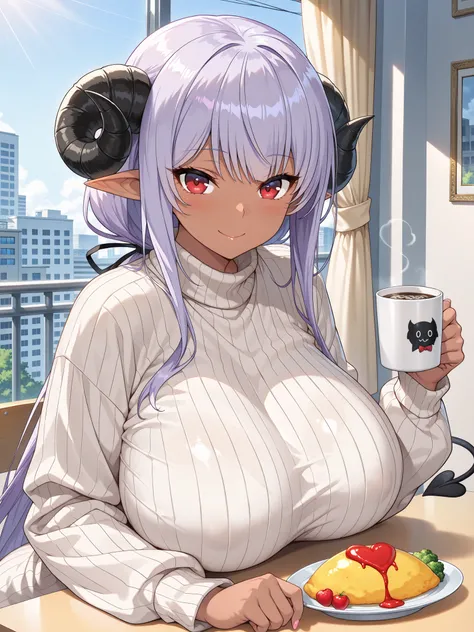 ((masterpiece:1.7, best quality)), ((masterpiece, best quality)),upper body,1girl,bishoujo,((black sheep horns)),(black devil tail),light makeup,(((light purple hair))),straight hair,long hair,low ponytail,partial bangs,sidelocks,((dark skin)),shiny skin,e...