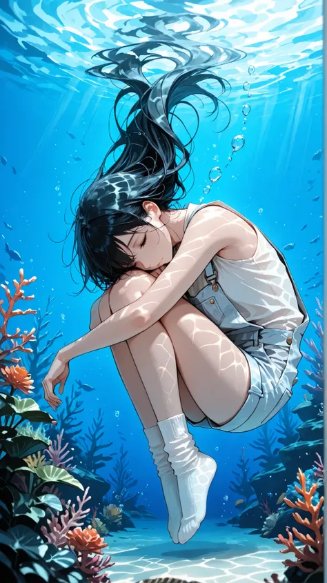 score_9, score_8_up , score_7_up , score_9,Score_9, Score_8_up , Score_7_up ,Fashion style, underwater scene. A woman with long black hair, wearing a white vest and white socks, curled up in a blue underwater environment, her hair fluttering in the water, ...