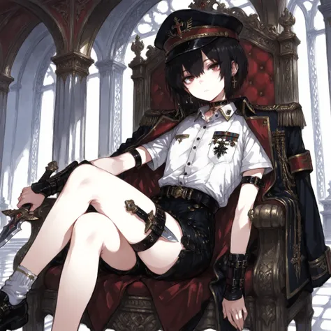 ((Best Quality)), ((masterpieces)), (detailed), Perfect Face, SOLO, ((femboy)), tomgirl, ANIME, beautiful detailed eyes, BOB hair, BOBed hair, black hair, RED EYES, BARE thighs, (((BARE LEG))), ((BLACK short pants)), (((dress shirt))), ((Flat chest)), Chok...