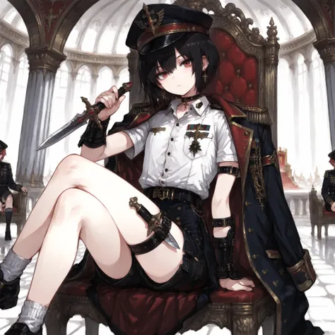 ((Best Quality)), ((masterpieces)), (detailed), Perfect Face, SOLO, ((femboy)), tomgirl, ANIME, beautiful detailed eyes, BOB hair, BOBed hair, black hair, RED EYES, BARE thighs, (((BARE LEG))), ((BLACK short pants)), (((dress shirt))), ((Flat chest)), Chok...