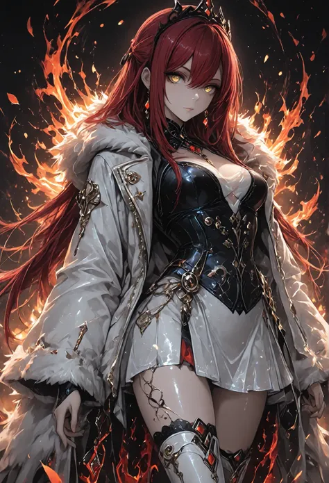 1 girl , golden eyes , very long hair , long sidelocks, red hair ,half updo, petite , very cute , beautiful ,Straight hair, cool, handsome, hair between eyes, sexy, medium breasts,  Genshin Impact style, iridescent, like fire, pale translucent skin, faintl...