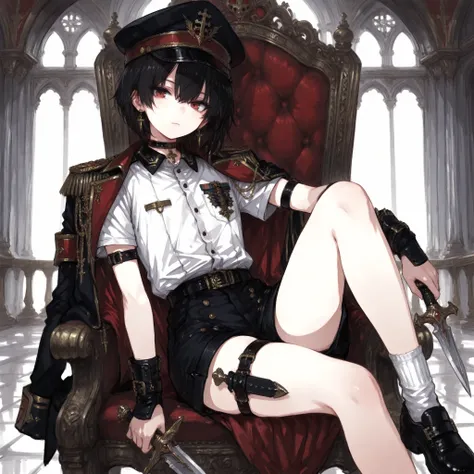 ((Best Quality)), ((masterpieces)), (detailed), Perfect Face, SOLO, ((femboy)), tomgirl, ANIME, beautiful detailed eyes, BOB hair, BOBed hair, black hair, RED EYES, BARE thighs, (((BARE LEG))), ((BLACK short pants)), (((dress shirt))), ((Flat chest)), Chok...