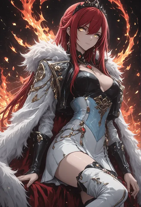 1 girl , golden eyes , very long hair , long sidelocks, red hair ,half updo, petite , very cute , beautiful ,Straight hair, cool, handsome, hair between eyes, sexy, medium breasts,  Genshin Impact style, iridescent, like fire, pale translucent skin, faintl...