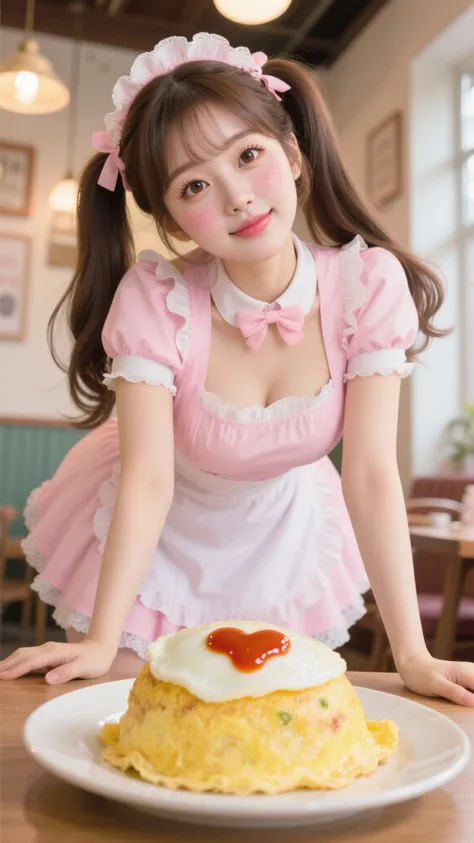 Masterpiece, Top quality, beautiful Korean woman, doll-like face, clean skin, twin-tail hair, bright but shy expression with a blush, very large hips, wearing a soft pastel pink maid outfit, active and slightly hesitant Moe Moe Kyun pose over a yellow omurice with a ketchup heart, looking up seductively for approval, cozy maid cafe, POV shot, extreme close-up, low angle shot

