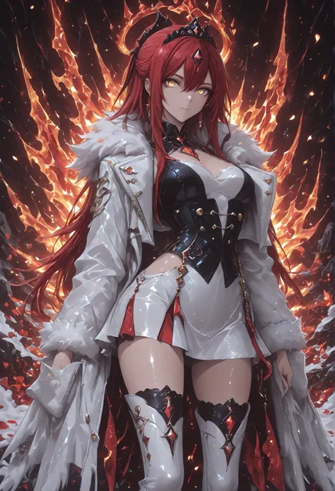 1 girl , golden eyes , very long hair , long sidelocks, red hair ,half updo, petite , very cute , beautiful ,Straight hair, cool, handsome, hair between eyes, sexy, medium breasts,  Genshin Impact style, iridescent, like fire, pale translucent skin, faintl...