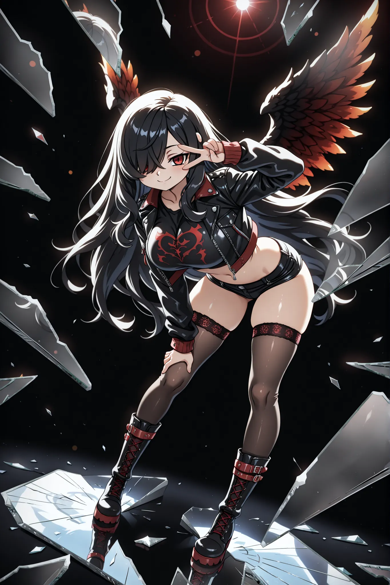 1girl, Kuroki Monika, black hair, very long hair, hair over right eye, red eyes, large breasts, (petite but curvy, very cute),
 Dark angel, black and red angel wings, bent forward, v , v over eye, one hand on thigh, crop top, punk jacket, open jacket, micr...
