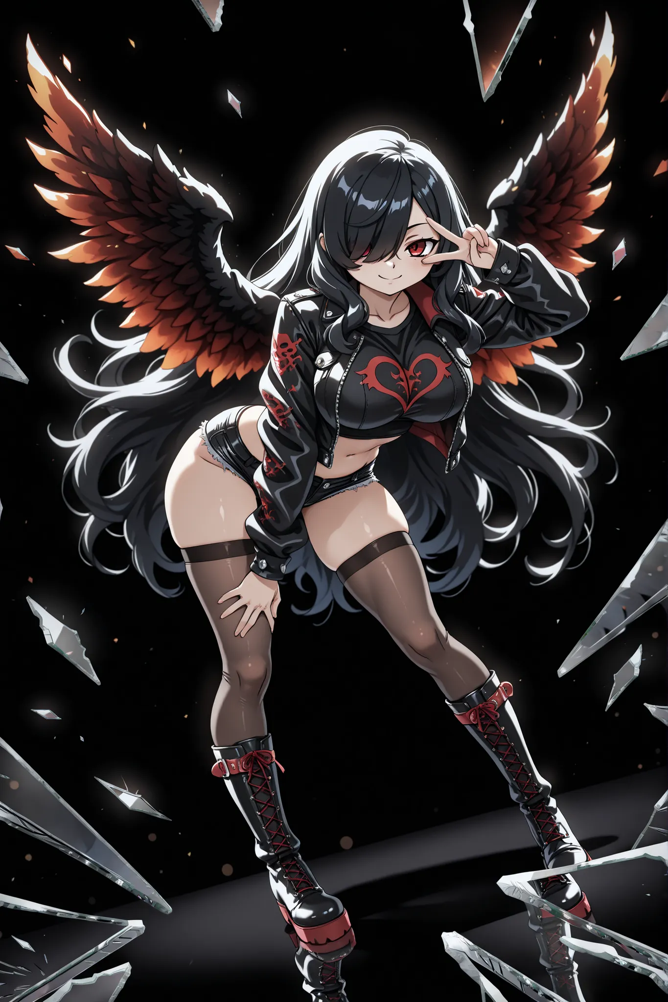 1girl, Kuroki Monika, black hair, very long hair, hair over right eye, red eyes, large breasts, (petite but curvy, very cute),
 Dark angel, black and red angel wings, bent forward, v , v over eye, one hand on thigh, crop top, punk jacket, open jacket, micr...
