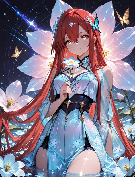 1 girl , golden eyes , very long hair , long sidelocks, red hair , petite , very cute , beautiful ,Straight hair, cool, handsome, hair between eyes, mediumlarge breast
, floating in a sea of stars, long flowing hair shimmering like moonlight, glowing galax...
