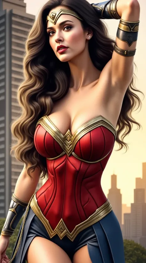 (Masterpiece, high quality, High resolution, Cuped breasts,   of 8k   ),  Beautiful Woman, full face photo,     with light eyes    ,  beautiful breasts  , beautiful and detailed face,  charming smile ,  beautiful ass  , angelic look,   beautiful legs, gran detalle de su cuerpo y rostro en una pose sexy y erótica. Great detail of the background and surroundings.  Beautiful girl with very large breasts, red lips, long loose hair, sexy. a woman wearing a Wonder Woman costume, a beautiful warrior with long hair, dark wavy hair with blonde tips, dressed in armor inspired by Amazonian mythology. Her outfit includes a red leather corset with gold details, metal bracelets adorned with gold and silver, and tight black leather pants. wears a gold headband with a gem in the center. Its posture is powerful and elegant. The scene takes place outside a city at dusk. soft and natural lighting. looking at the spectator.