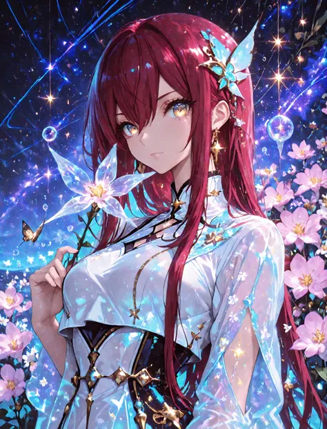 1 girl , golden eyes , very long hair , long sidelocks, red hair , petite , very cute , beautiful ,Straight hair, cool, handsome, hair between eyes, mediumlarge breast
, floating in a sea of stars, long flowing hair shimmering like moonlight, glowing galax...