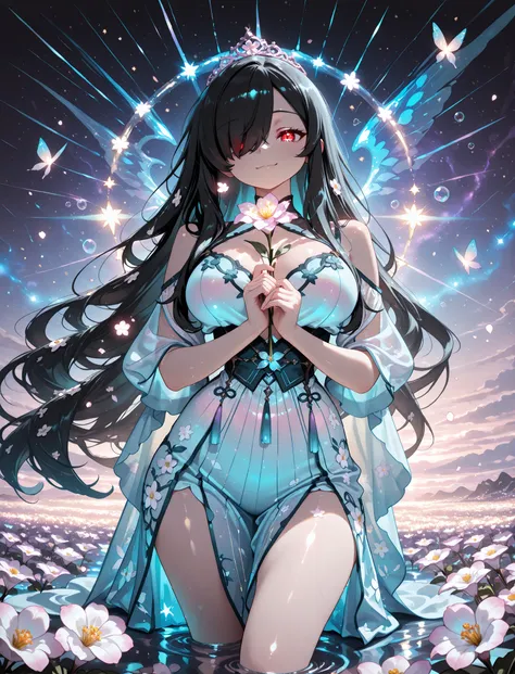 1girl, Kuroki Monika, black hair, very long hair, hair over right eye, red eyes, large breasts, (petite but curvy, very cute),
, floating in a sea of stars, long flowing hair shimmering like moonlight, glowing galaxy eyes, wearing an ethereal translucent ...