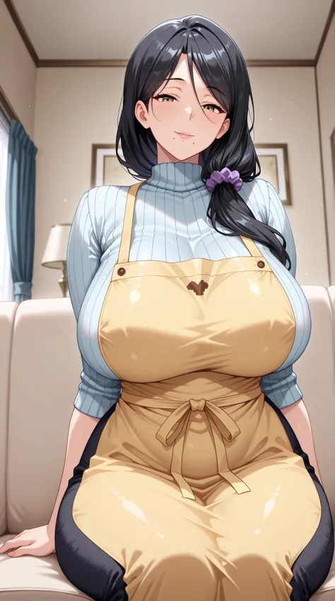 Masterpiece, high detail, very hd, best quality, semirealistis, ray trecing, solo, 1girl, detail face, detail hair,Sera's Mother, long hair, black hair, hair over shoulder, hair ornament, hair scrunchie, purple scrunchie, large breasts, curvy, mole under m...