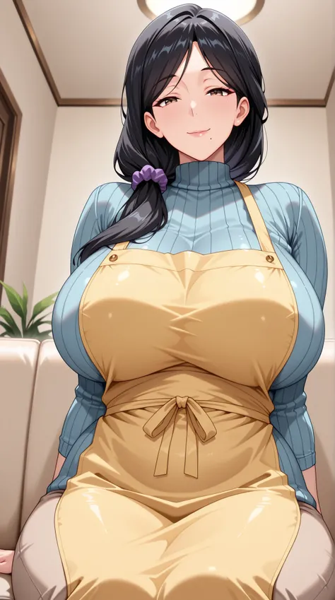 Masterpiece, high detail, very hd, best quality, semirealistis, ray trecing, solo, 1girl, detail face, detail hair,Sera's Mother, long hair, black hair, hair over shoulder, hair ornament, hair scrunchie, purple scrunchie, large breasts, curvy, mole under m...
