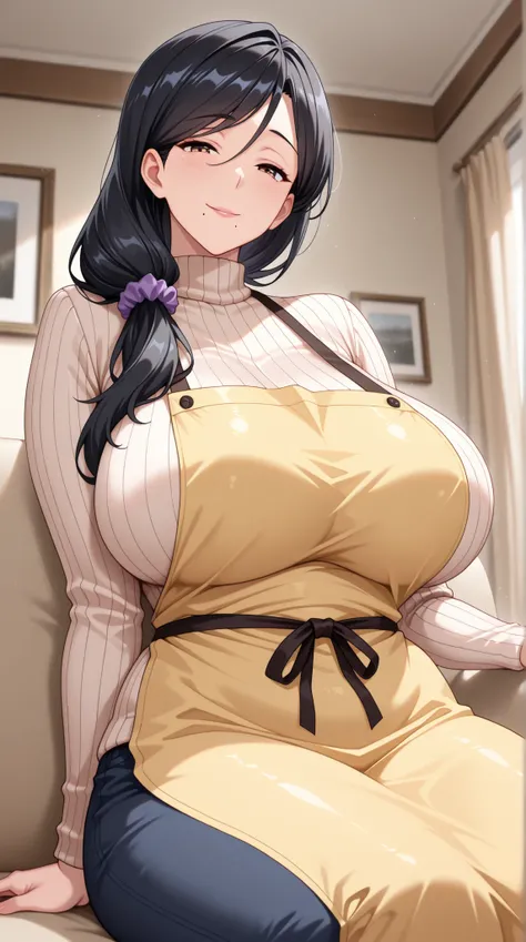 Masterpiece, high detail, very hd, best quality, semirealistis, ray trecing, solo, 1girl, detail face, detail hair,Sera's Mother, long hair, black hair, hair over shoulder, hair ornament, hair scrunchie, purple scrunchie, large breasts, curvy, mole under m...