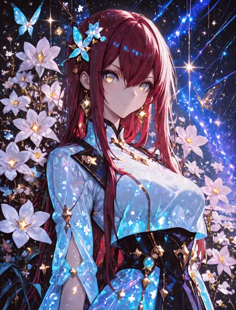 1 girl , golden eyes , very long hair , long sidelocks, red hair , petite , very cute , beautiful ,Straight hair, cool, handsome, hair between eyes, mediumlarge breast
, floating in a sea of stars, long flowing hair shimmering like moonlight, glowing galax...