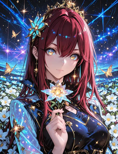 1 girl , golden eyes , very long hair , long sidelocks, red hair , petite , very cute , beautiful ,Straight hair, cool, handsome, hair between eyes, mediumlarge breast
, floating in a sea of stars, long flowing hair shimmering like moonlight, glowing galax...