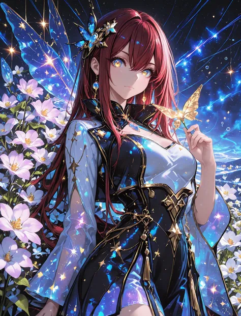 1 girl , golden eyes , very long hair , long sidelocks, red hair , petite , very cute , beautiful ,Straight hair, cool, handsome, hair between eyes, mediumlarge breast
, floating in a sea of stars, long flowing hair shimmering like moonlight, glowing galax...