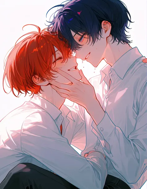 ((((laugh男子高校生2人:1.6))))、((1 man with dark blue hair and short hair、1 man with short orange red hair:1.4))、Male high school student uniform、white shirt、black pants、laugh、after class、evening、Irido Cloud、tears