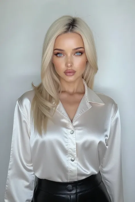  Mariyan Pashaeva, blonde instagram model with a shiny white satin button down shirt, black leather pants, solid white background