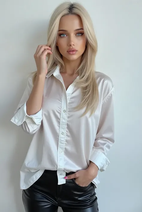  Mariyan Pashaeva, blonde instagram model with a shiny white satin button down shirt, black leather pants, solid white background