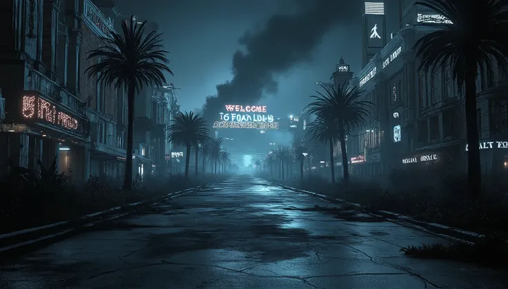 A famous Las Vegas landmark—such as the Bellagio, the Welcome to Fabulous Las Vegas sign, or the Strip—completely deserted at night. The scene is bathed in an eerie, pale moonlight. The neon signs are flickering or broken, casting strange shadows. Cracked ...