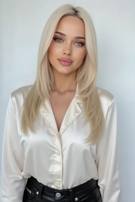 smiling blonde instagram model with a shiny white satin button down shirt, black leather pants, perfect smile, big smile, happy, solid white background