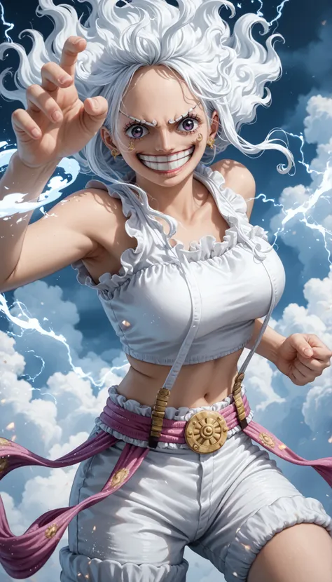 Jewelry Bonney from One Piece, transformed into a Gear Fifth-inspired form: voluminous, cloud-like white hair floating upwards with magical energy, a playful, divine expression, and a wide smile. She wears a tight white crop top and white shorts, with a pu...
