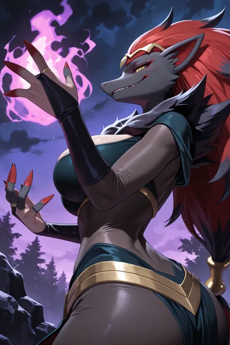 1girl:1.2, uploaded on e621, (katahane3), female, solo, pokemon, zoroark, no humans, black fur, black body, yellow-eyes, smile, big large breasts, natural breasts, hidden breasts, thick thighs, wide hips, tiara, cape, bodystocking, bodysuit, cleavage, brid...