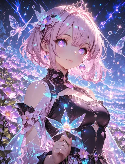 1 girl, violet eyes, light pink hair, short hair, cool, beautiful, medium breast, very cute, lovely, kawaii, 

, floating in a sea of stars, long flowing hair shimmering like moonlight, glowing galaxy eyes, wearing an ethereal translucent kimono made of co...