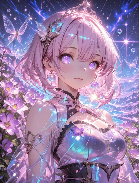 1 girl, violet eyes, light pink hair, short hair, cool, beautiful, medium breast, very cute, lovely, kawaii, 

, floating in a sea of stars, long flowing hair shimmering like moonlight, glowing galaxy eyes, wearing an ethereal translucent kimono made of co...