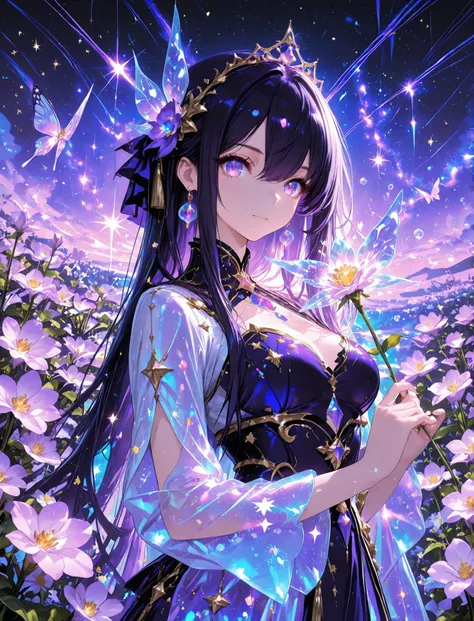 1 woman, sharp purple eyes , multicolored eyes , hair between eyes , long side bangs , black hair with fine purple strands , very long hair , medium breasts , cool, beautiful,
, floating in a sea of stars, long flowing hair shimmering like moonlight, glowi...
