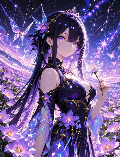 1 woman, sharp purple eyes , multicolored eyes , hair between eyes , long side bangs , black hair with fine purple strands , very long hair , medium breasts , cool, beautiful,
, floating in a sea of stars, long flowing hair shimmering like moonlight, glowi...