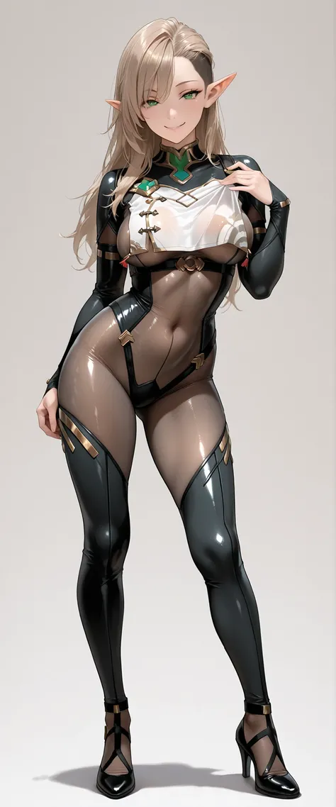 (masterpiece), best quality, expressive eyes, perfect face,1 girl,elf,pointy ears,long hair,light brown hair,green eyes,hair down,medium breasts,breast expansion,seductive pose,looking at viewer, seductive smile,cowboy shot, ((See through Bodysuit)), (( br...