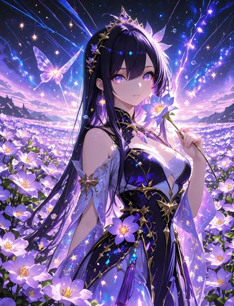 1 woman, sharp purple eyes , multicolored eyes , hair between eyes , long side bangs , black hair with fine purple strands , very long hair , medium breasts , cool, beautiful,
, floating in a sea of stars, long flowing hair shimmering like moonlight, glowi...