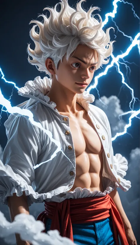Monkey D. Luffy in Gear 5 form, 3D anime-realistic style, dynamic lightning effects, white flowing hair, intense facial expression, glowing aura, high detail, cinematic background, dramatic lighting, full power effect.